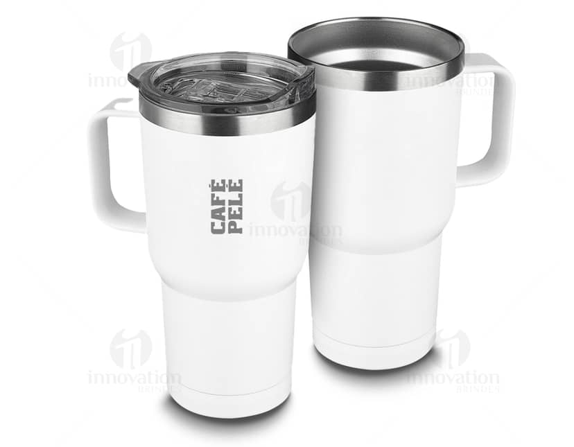 Caneca Térmica 600ml em aço inoxidável com tampa e alça preta.