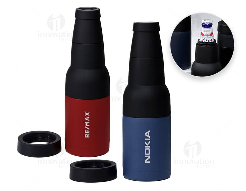 Produto Copo Térmico Multiuso INox em destaque em meio a objetos variados como garrafa, produtos de higiene e cuidados pessoais, garrafa de vinho, entre outros. O copo possui design elegante e versátil, sendo ideal para manter a temperatura de bebidas.