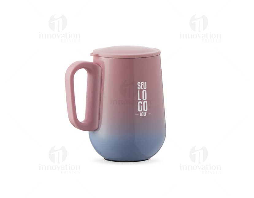 Caneca bicolor de parede dupla com capacidade para 250ml.