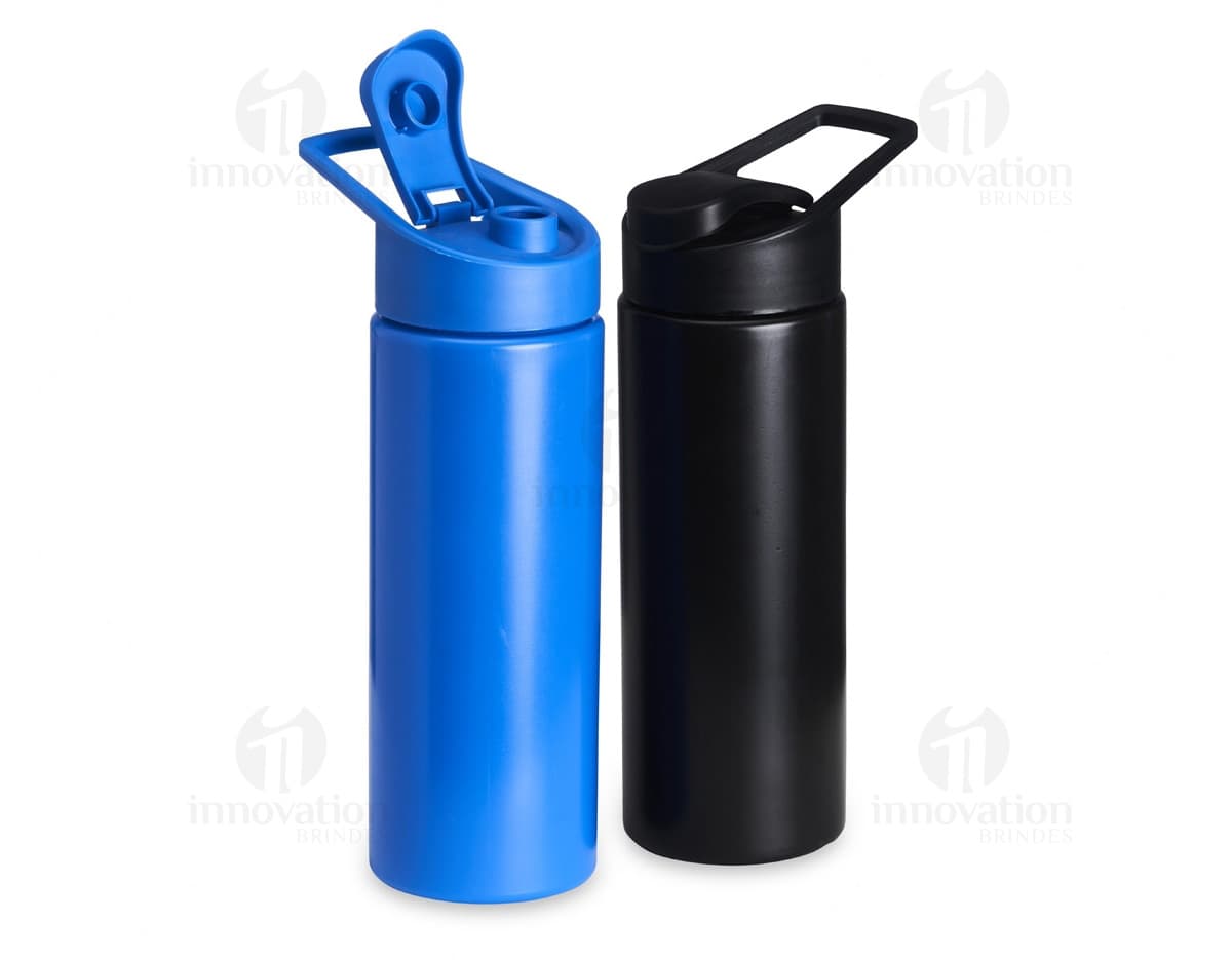 Squeeze Plástico 550ml transparente com tampa azul e detalhes em relevo. Squeeze Plástico 550ml transparente com tampa azul e detalhes em relevo.